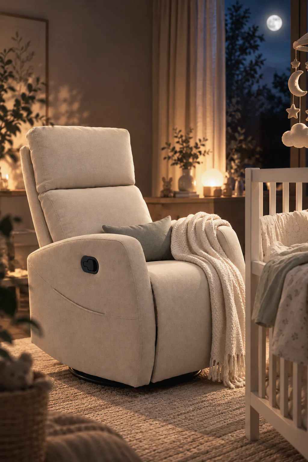 Fauteuil relax pivotant Balencia beige dans une chambre de bébé, ambiance du soir