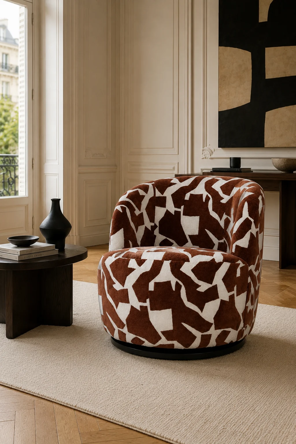 Cabriolet pivotant Côme en tissu Savane marron à motif graphique, dans un intérieur haussmannien parisien — Axel Confort