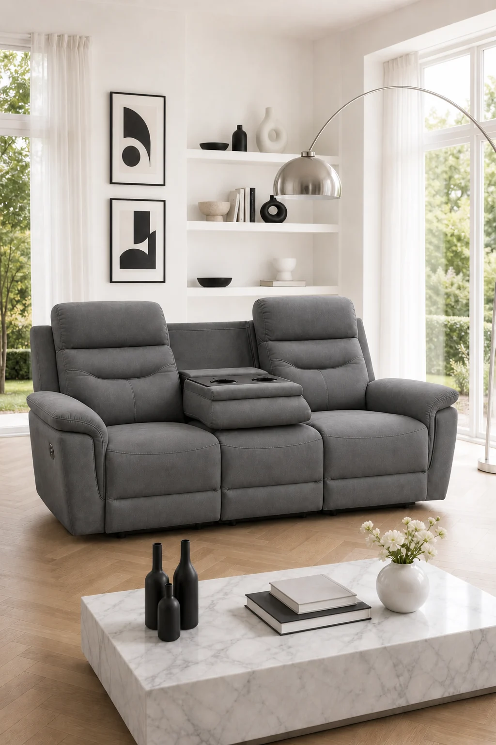 Canapé 3 places Paros relax électrique en tissu gris foncé, avec console centrale et porte-gobelets, dans un salon lumineux — Axel Confort