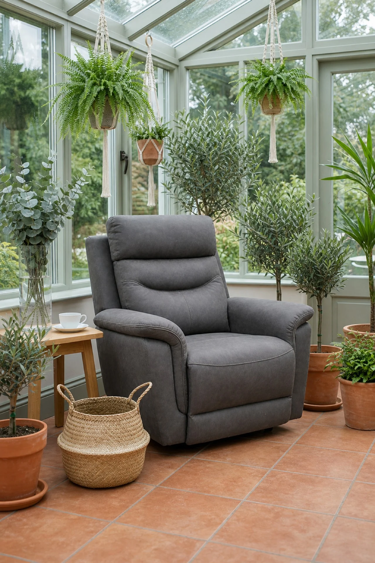 Fauteuil releveur 2 moteurs Paros gris foncé dans une véranda
