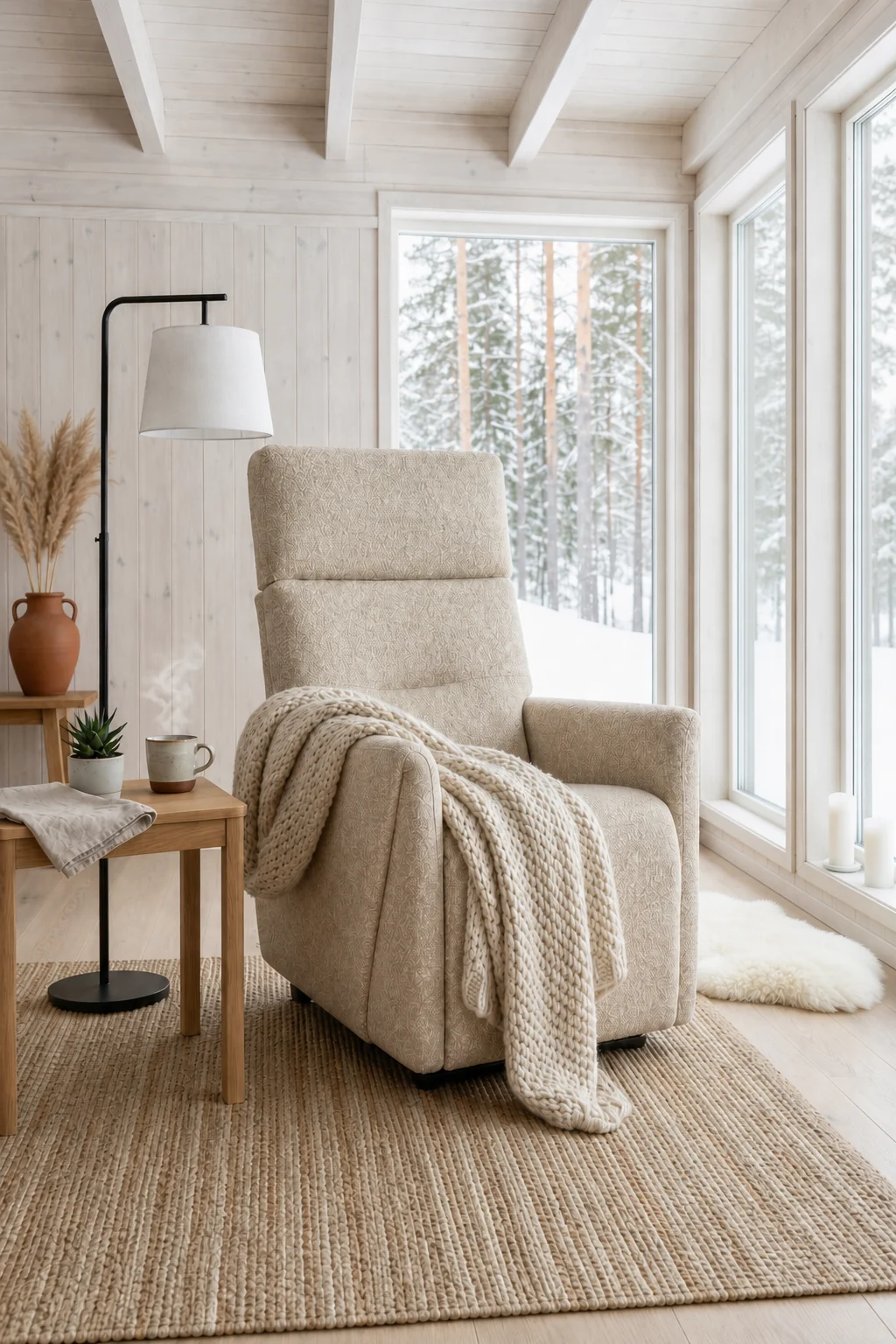 Fauteuil releveur Portofino 4 moteurs en tissu beige, avec plaid en grosse maille, dans un intérieur scandinave face à une forêt enneigée — Axel Confort