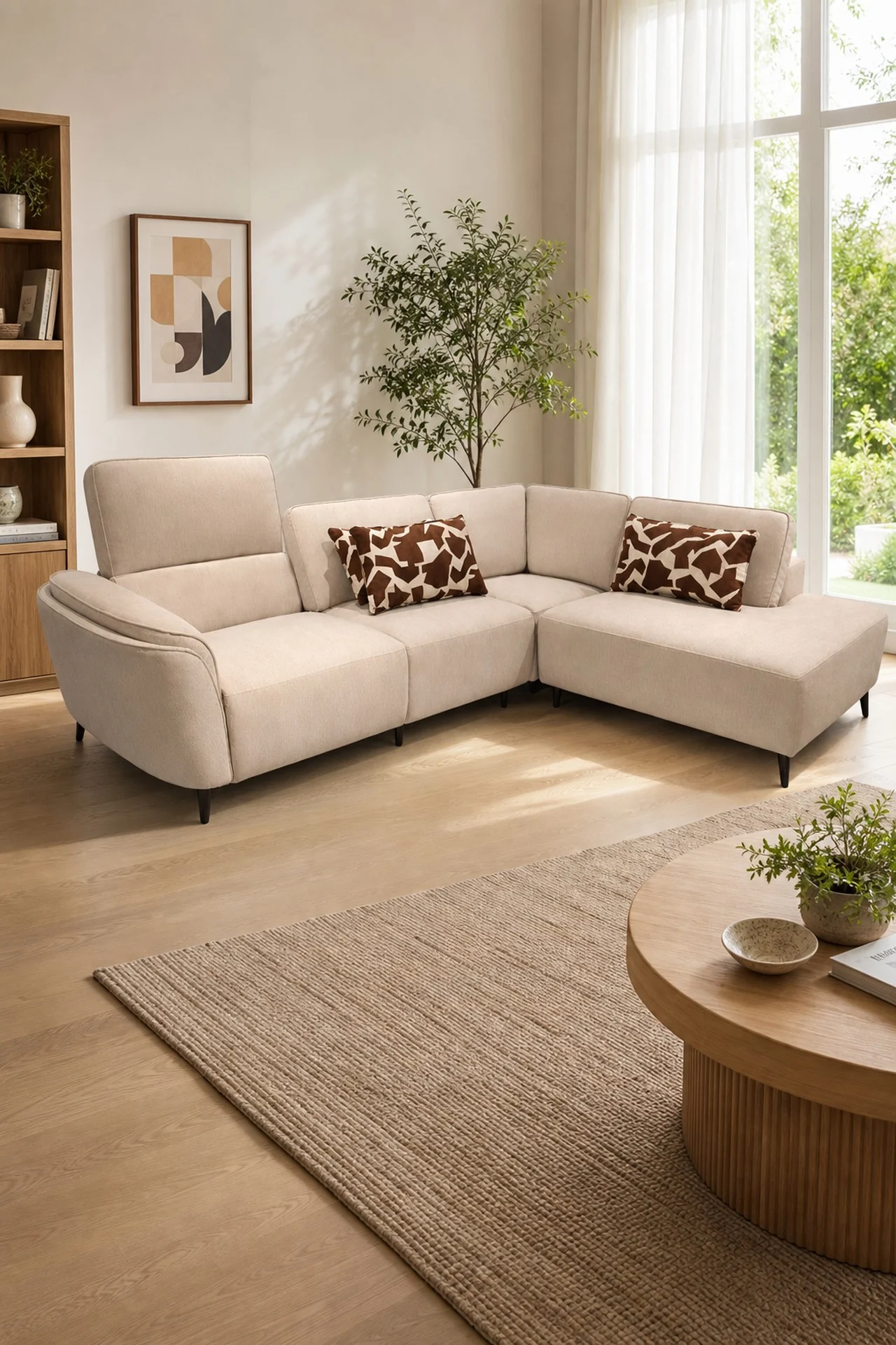 Canapé d'angle Santorin beige méridienne droite en ambiance